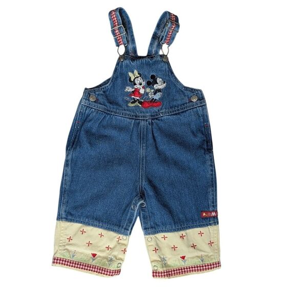 Disney Other - VTG 90s Disney Mickey Minnie Mouse Denim Overalls Gingham Floral Embroidery